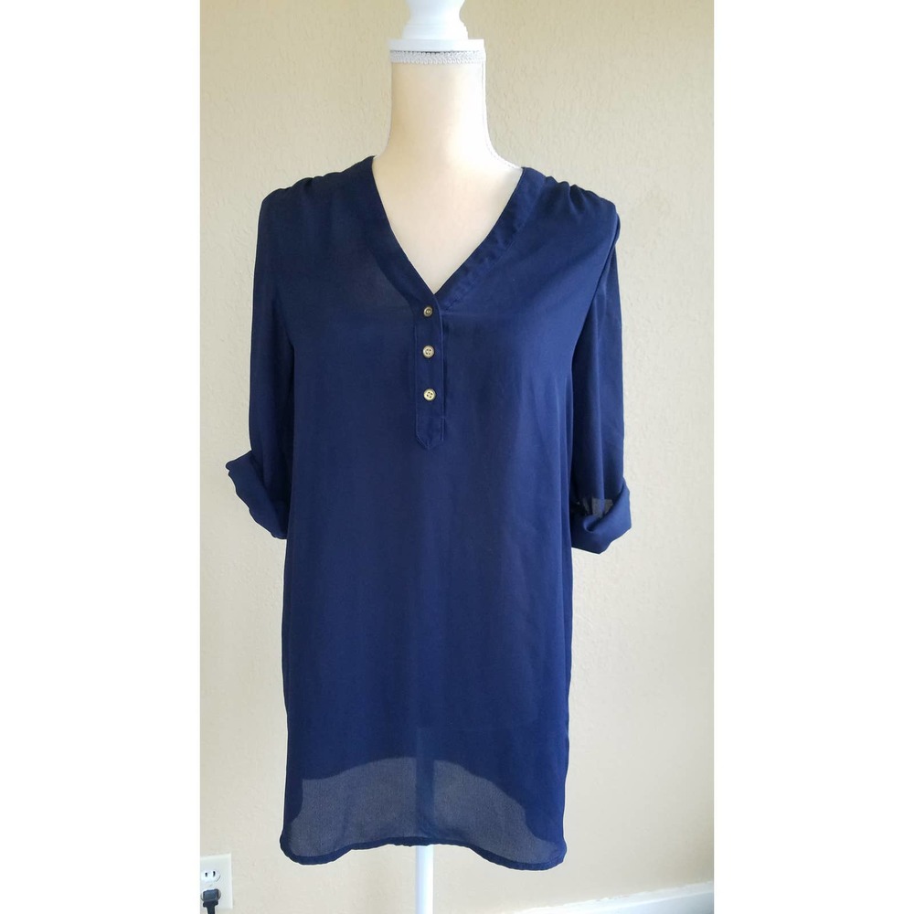 Rue 21 Navy Semi Sheer Henley Roll Tab Blouse
